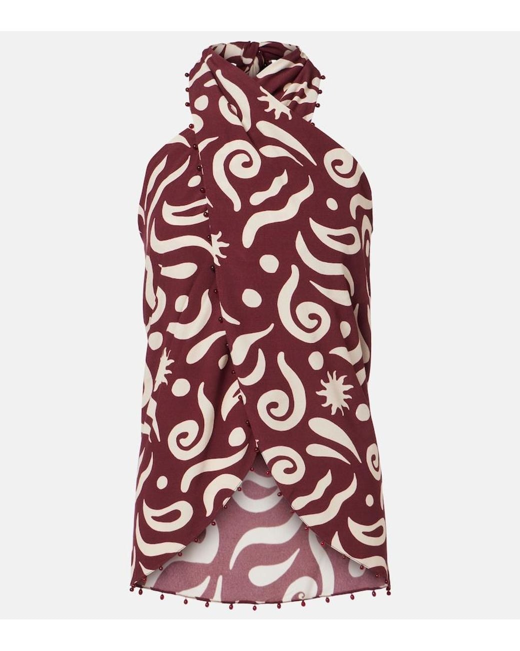 Cala De La Cruz Red Zauma Beaded Printed Top