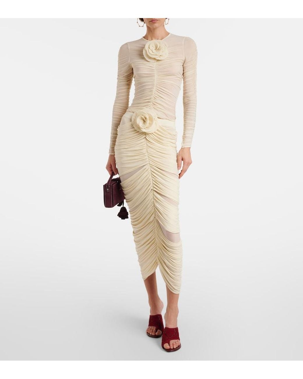 Magda Butrym Natural Floral-Applique Ruched Midi Skirt