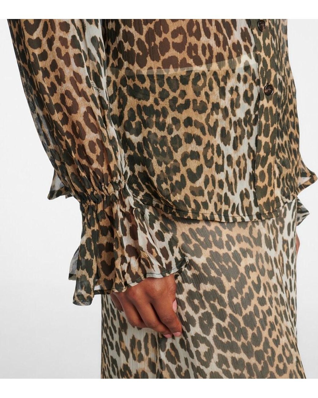 Ganni Brown Leopard-Print Tie-Neck Chiffon Blouse