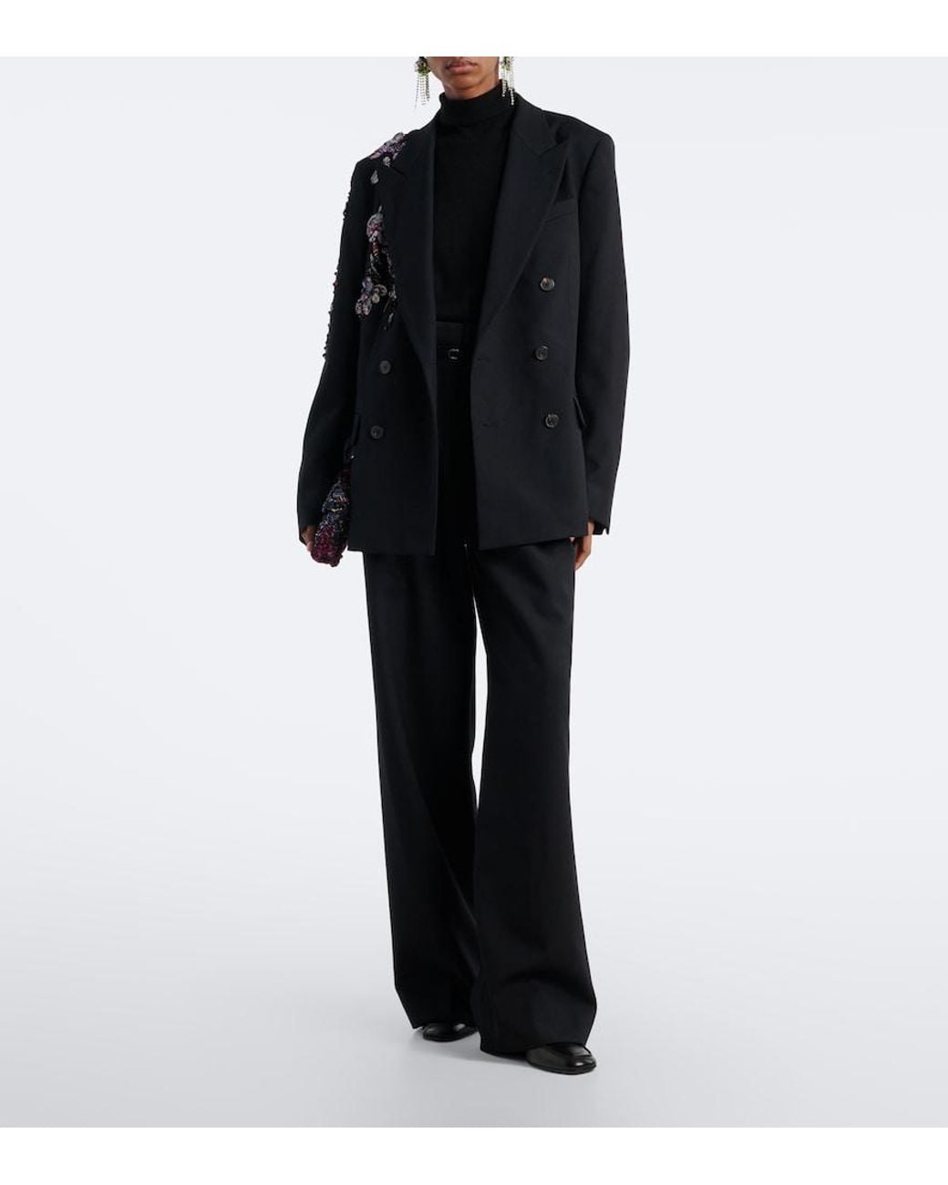 Dries Van Noten Black Belted Pleated Wool Wide-Leg Pants