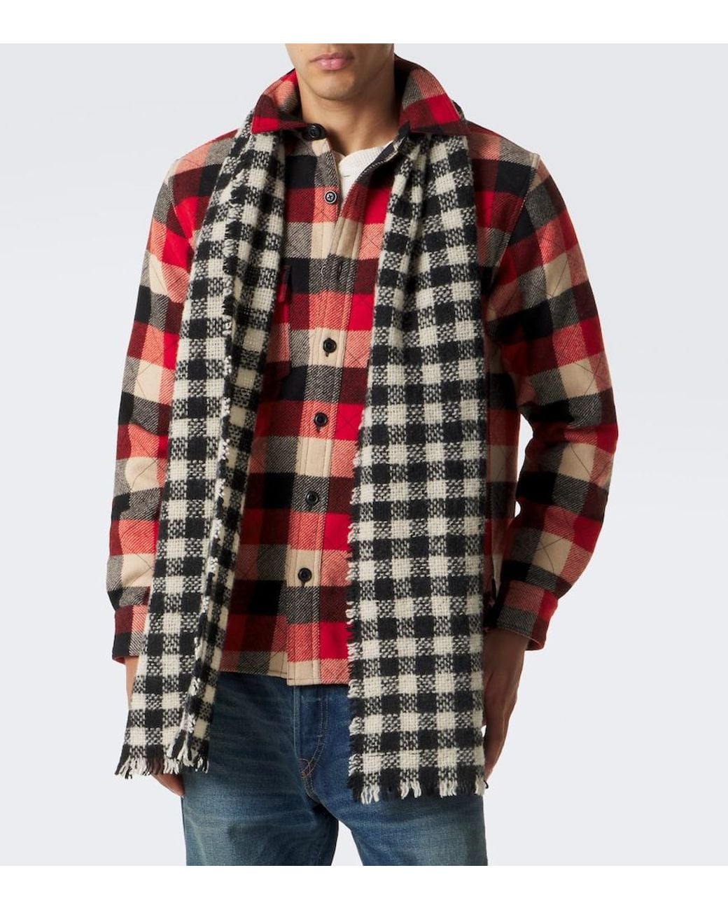 RRL Black Fringed Gingham Wool Scarf for men
