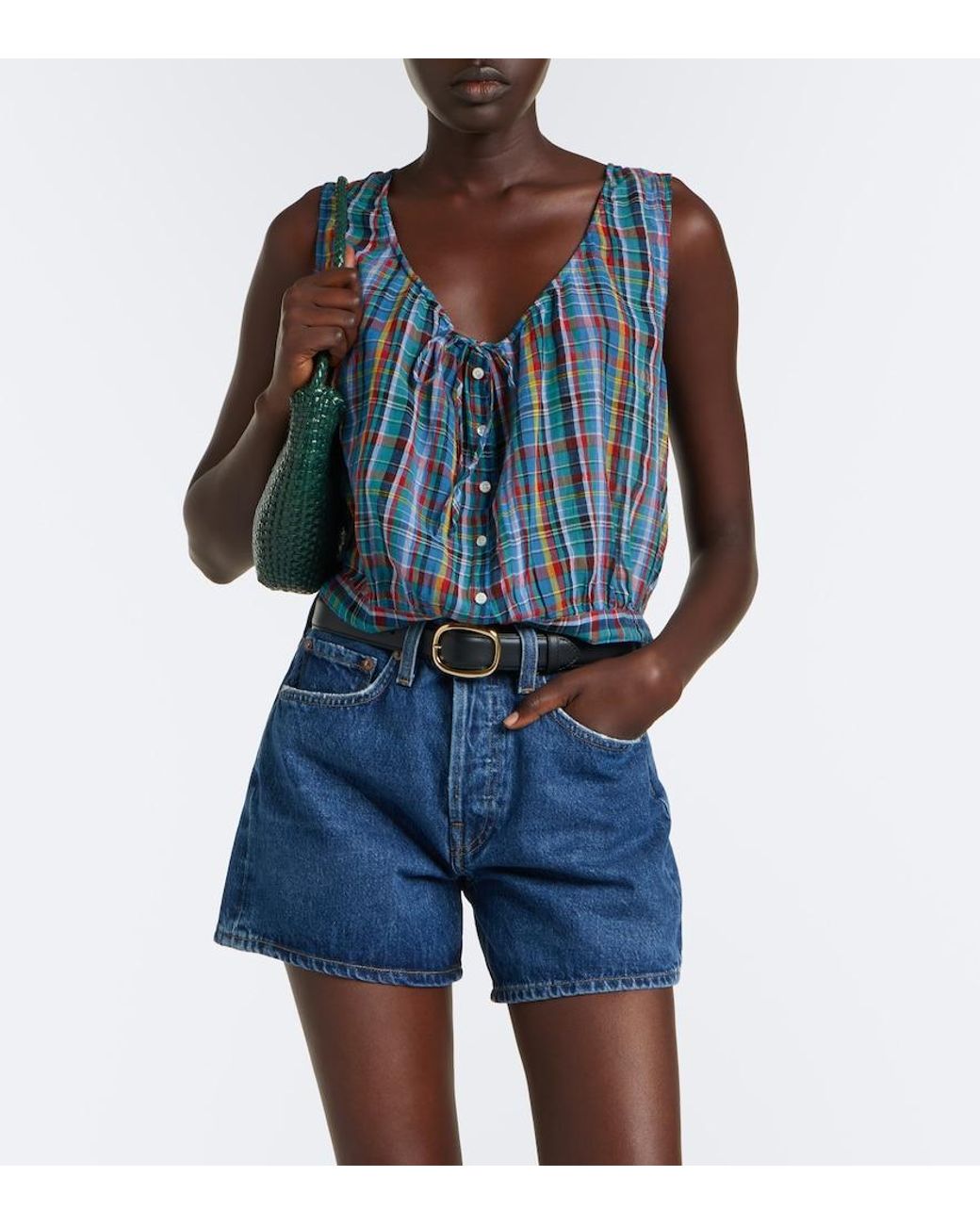 Doen Blue Theo Plaid Cotton Voile Top