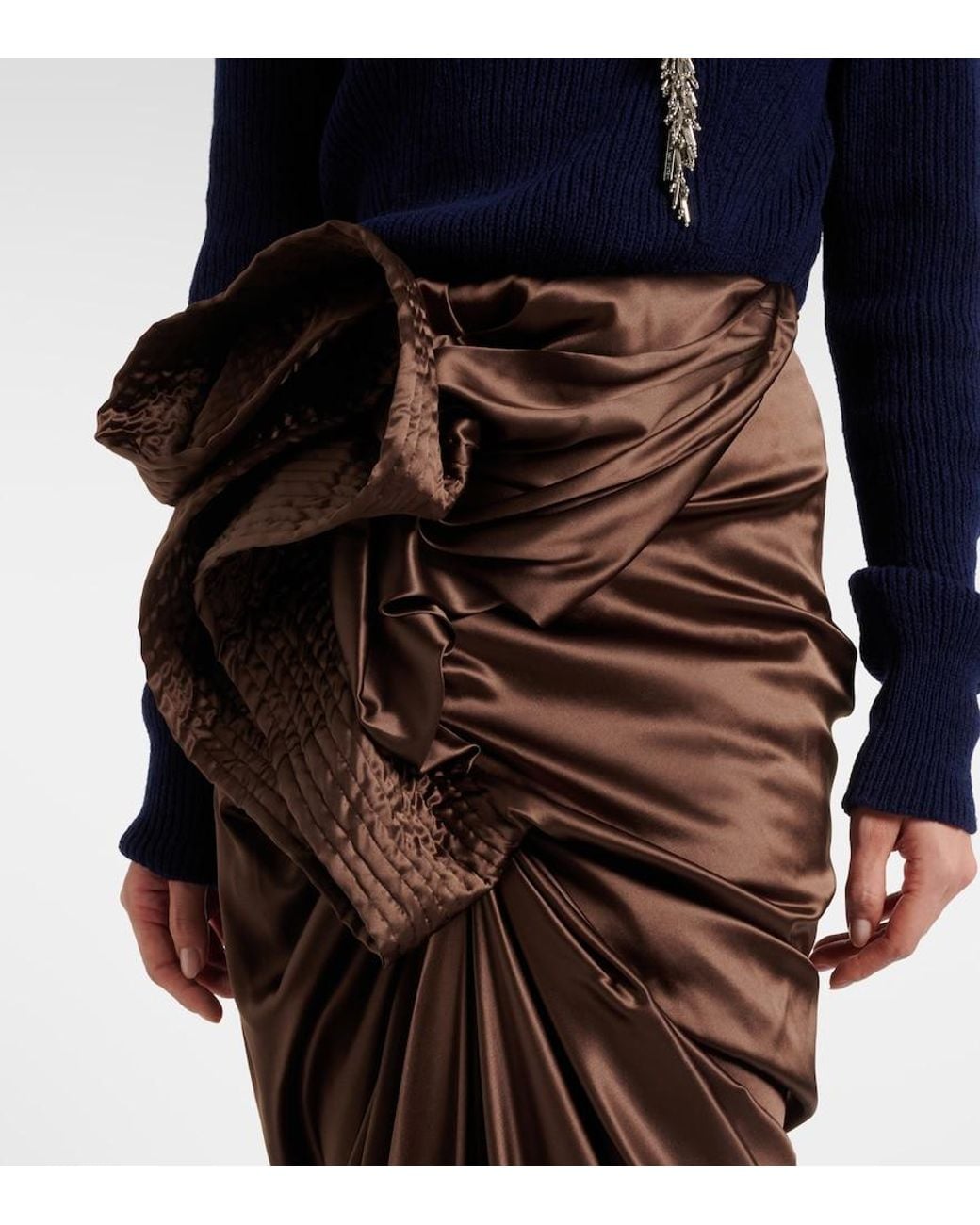 Dries Van Noten Brown Draped Silk-Blend Satin Midi Skirt
