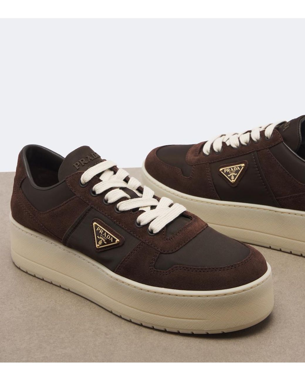 Prada Brown Downtown Bold Suede-Trimmed Platform Sneakers