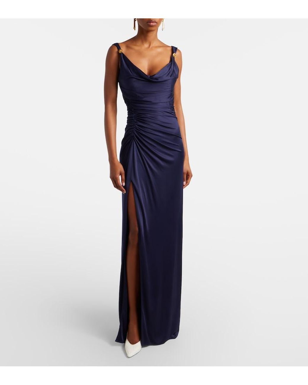Versace Blue Medusa Draped Ruched Jersey Gown
