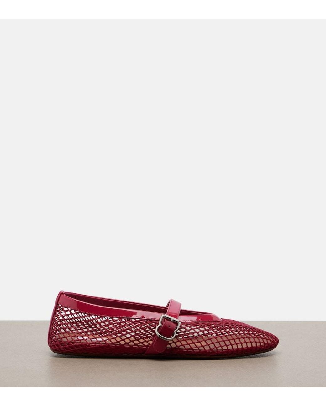 Alaïa Red Leather-Trimmed Fishnet Mary Jane Flats