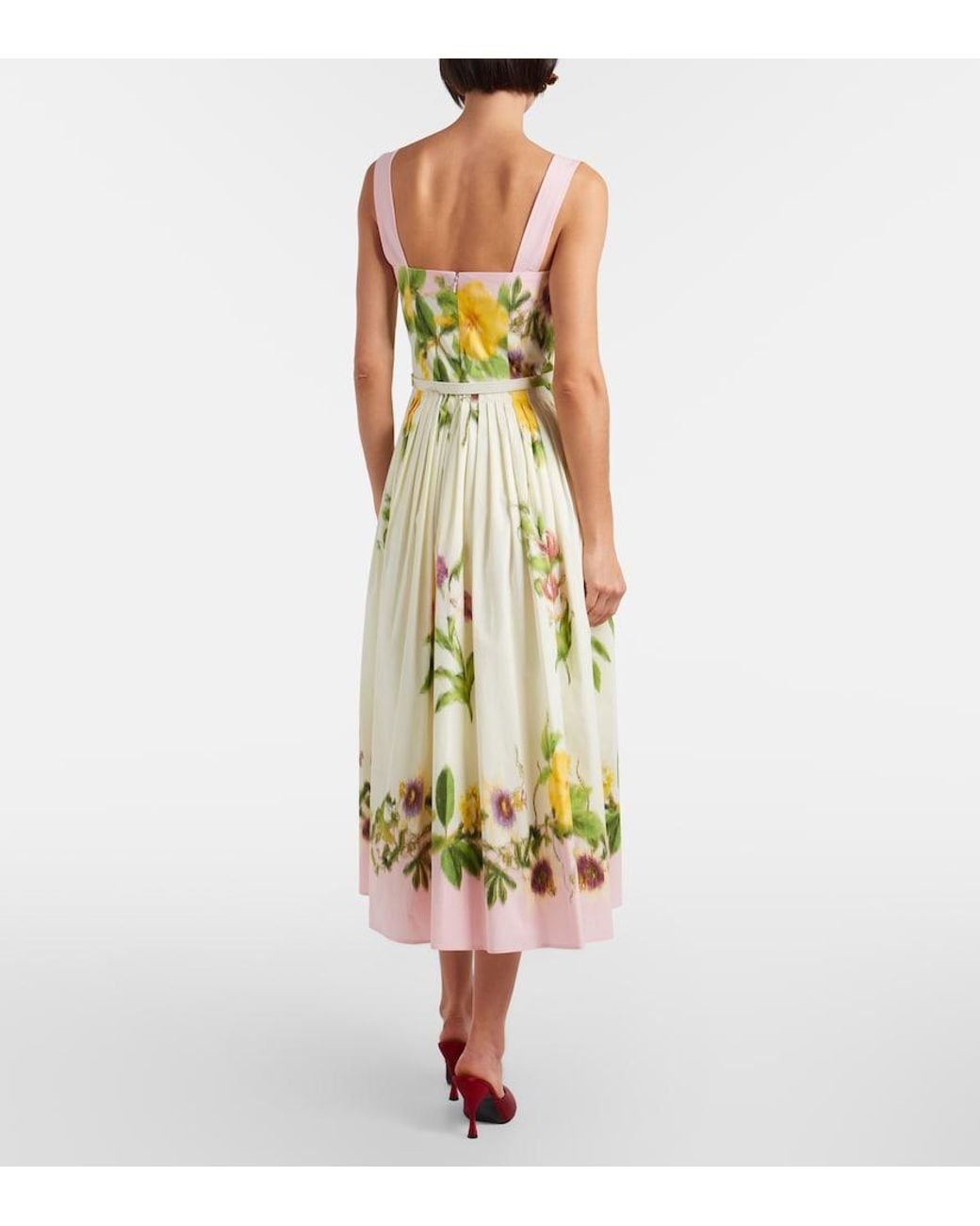 Oscar de la Renta White Belted Floral Cotton-Blend Poplin Midi Dress