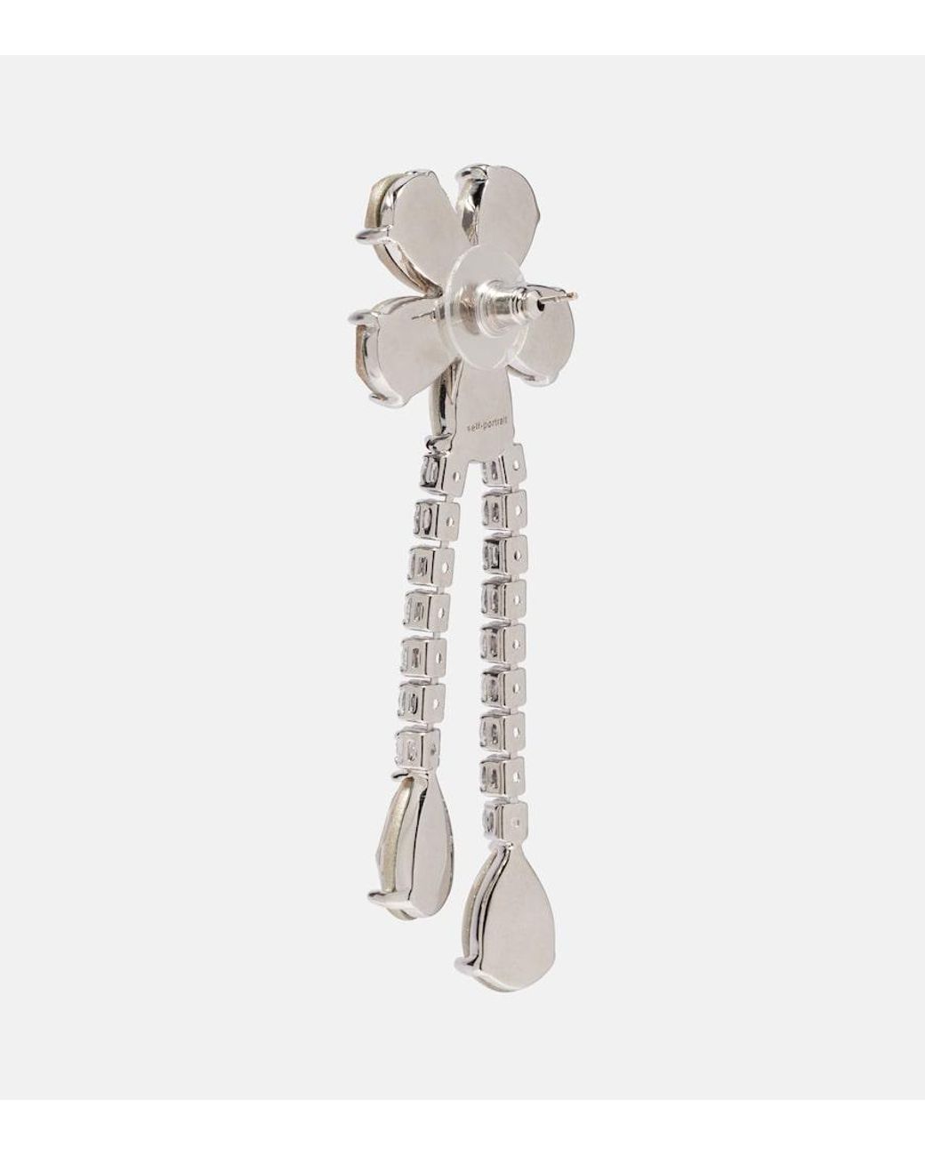 Self-Portrait White Crystal-Embellished Floral Drop Earrings