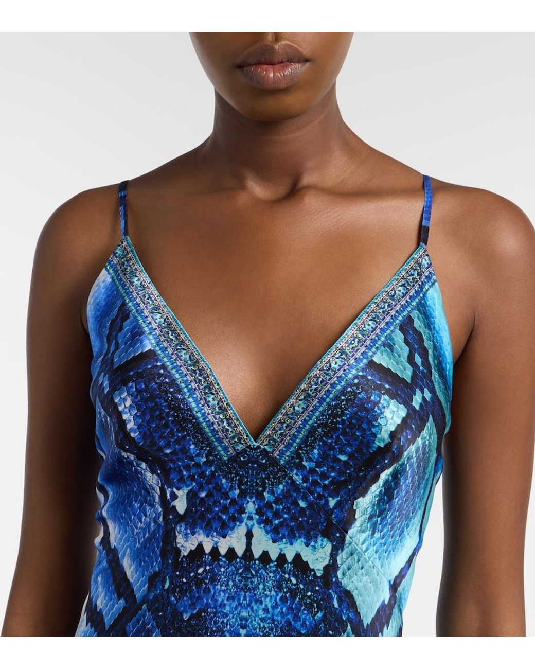 Camilla Blue Animal-Print Silk Slip Dress