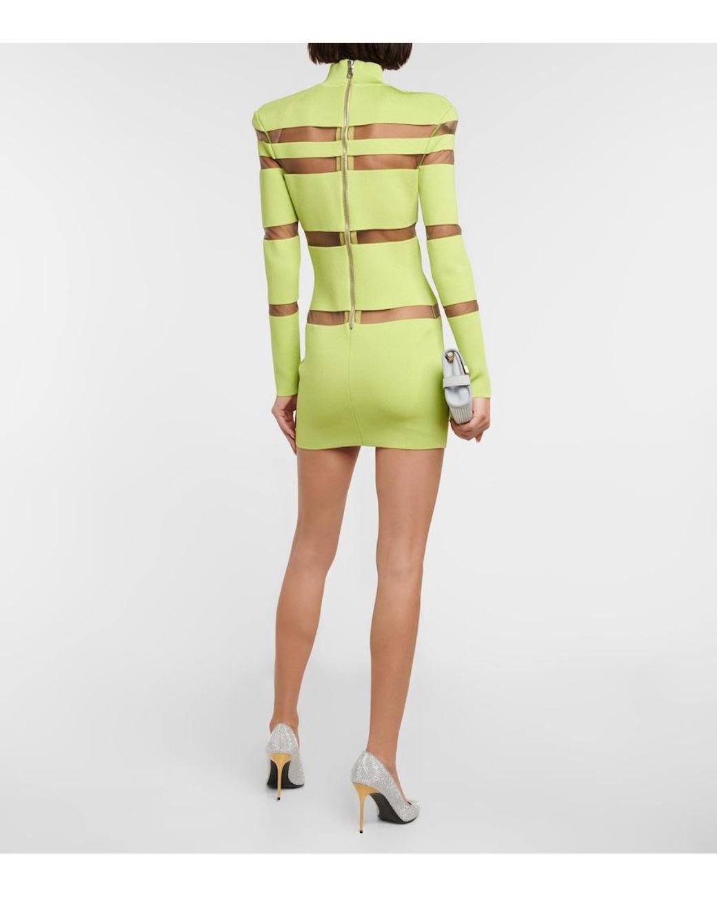 Balmain Green Turtleneck Mesh-Paneled Minidress
