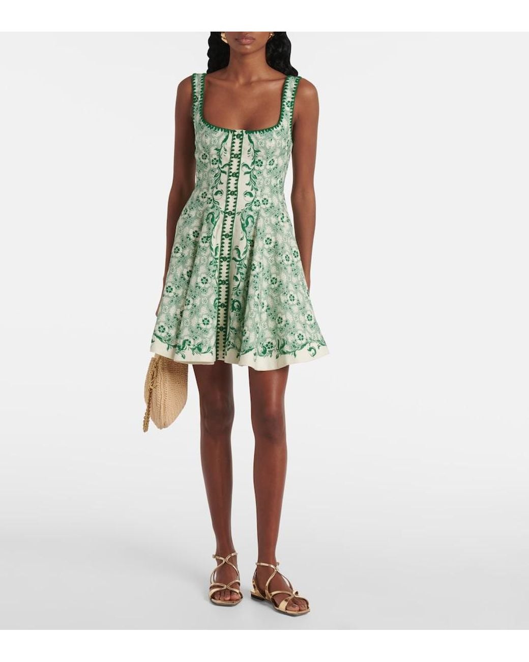 ALÉMAIS Green Printed Linen And Cotton Minidress