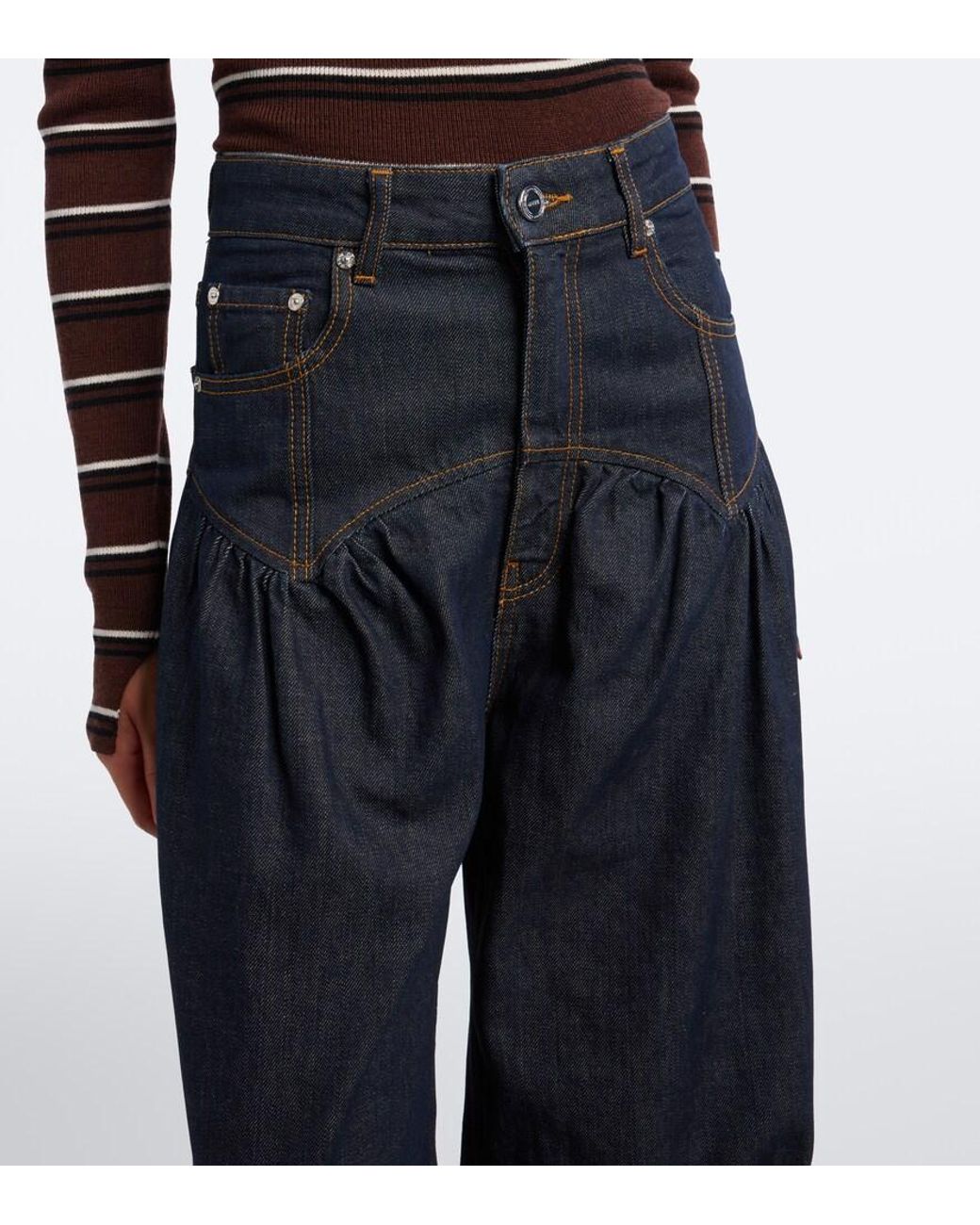 Ganni Blue Gathered Barrel-Leg Jeans