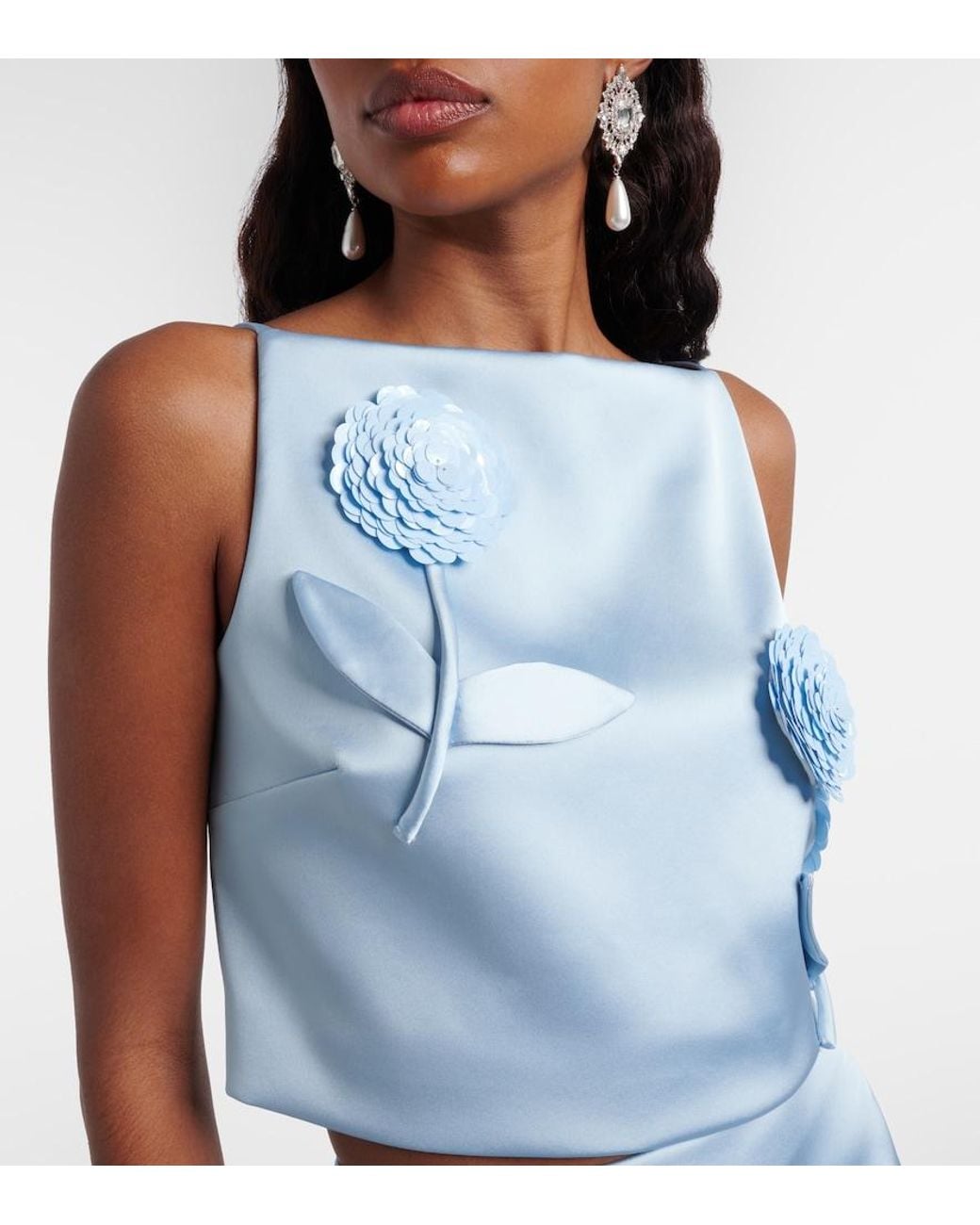 Self-Portrait Blue Floral-Applique Sequined Cropped Satin Top