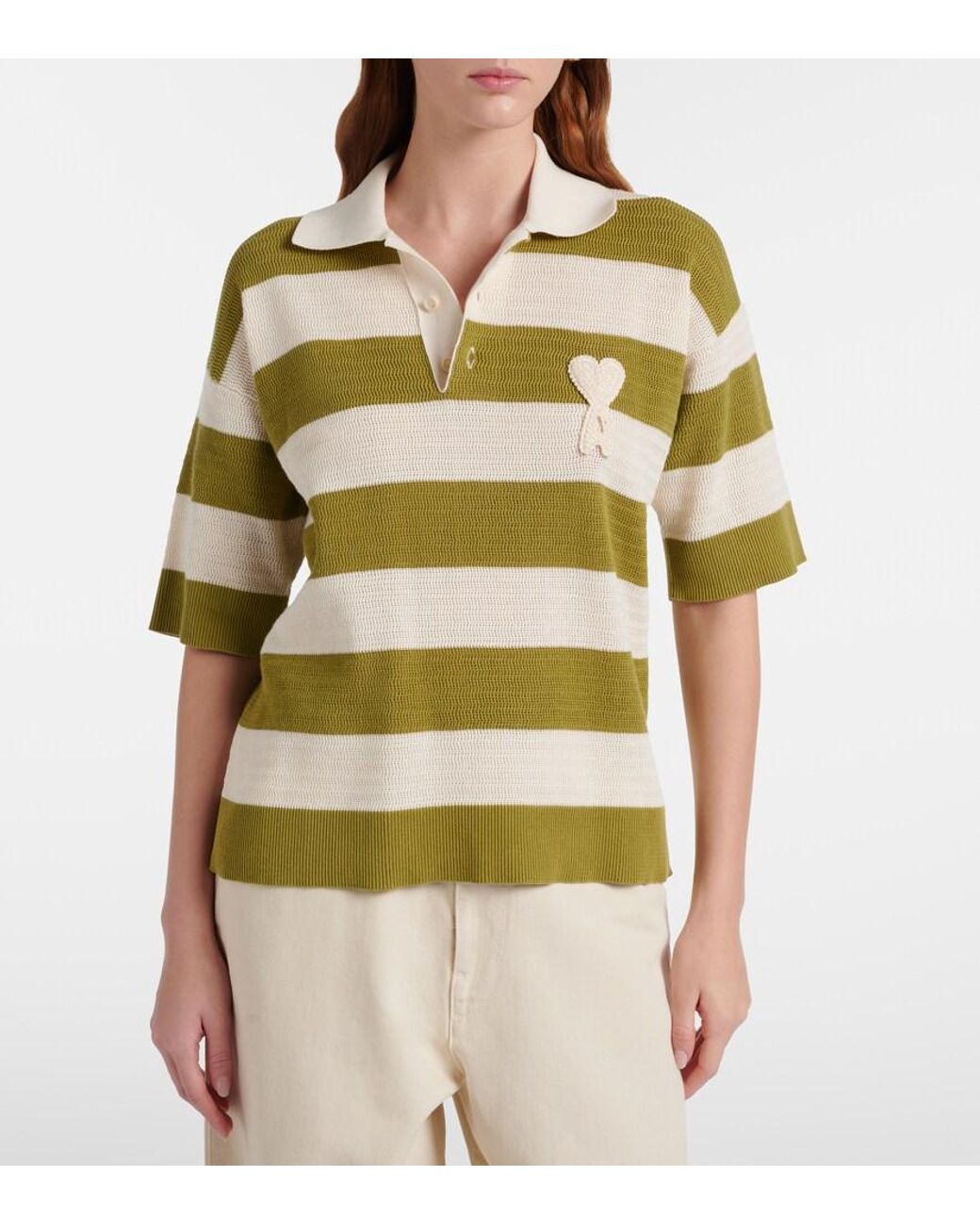 AMI Green Ami De Cour Striped Cotton Polo Shirt