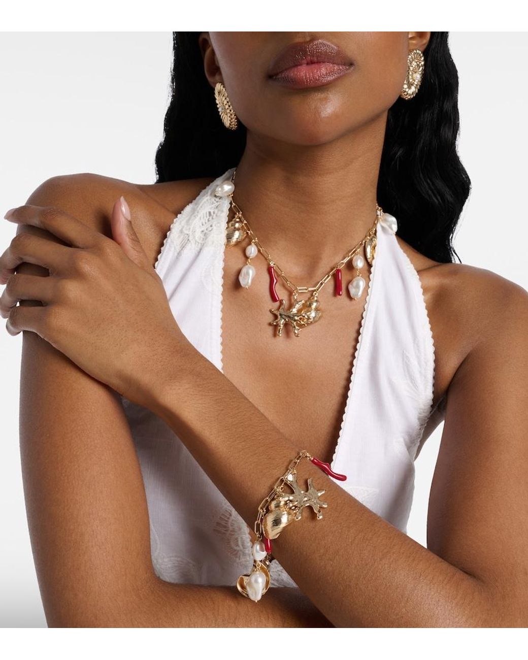 Self-Portrait Metallic Faux Pearl-Embellished Charm Bracelet