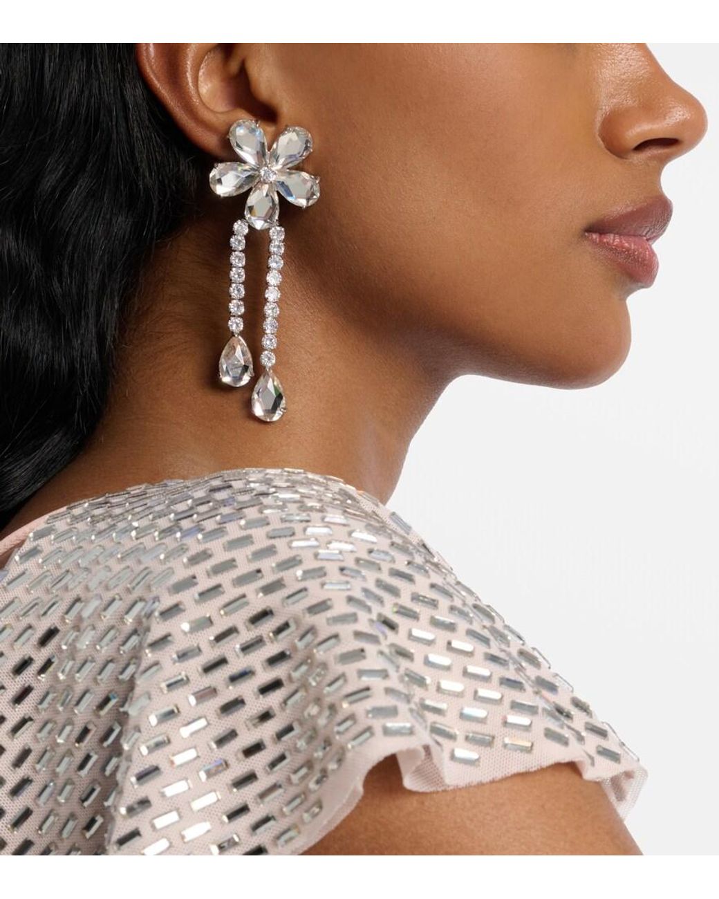 Self-Portrait White Crystal-Embellished Floral Drop Earrings
