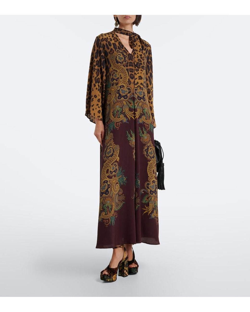 Etro Brown Leopard-Print Tie-Neck Silk Maxi Dress