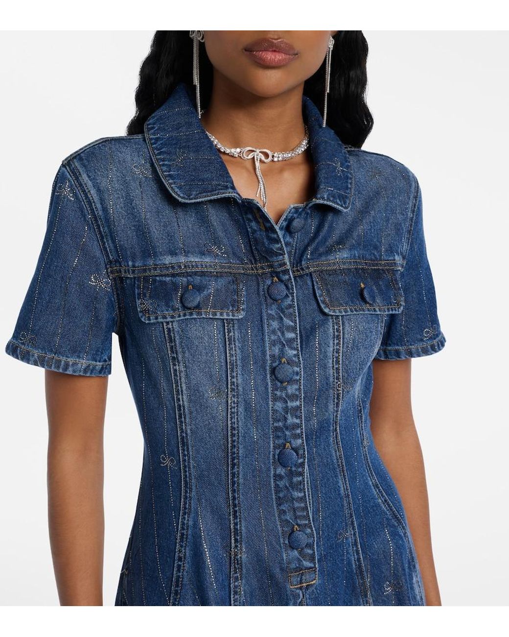 Self-Portrait Blue Embellished Pleated Denim Minidress