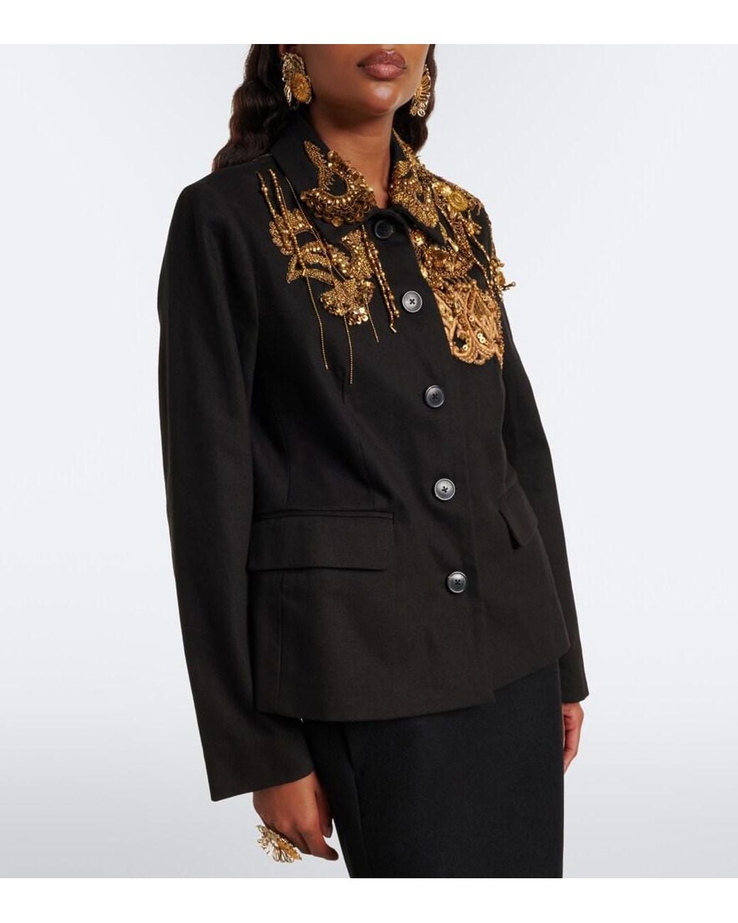 Dries Van Noten Black Embellished Cotton Twill Blazer