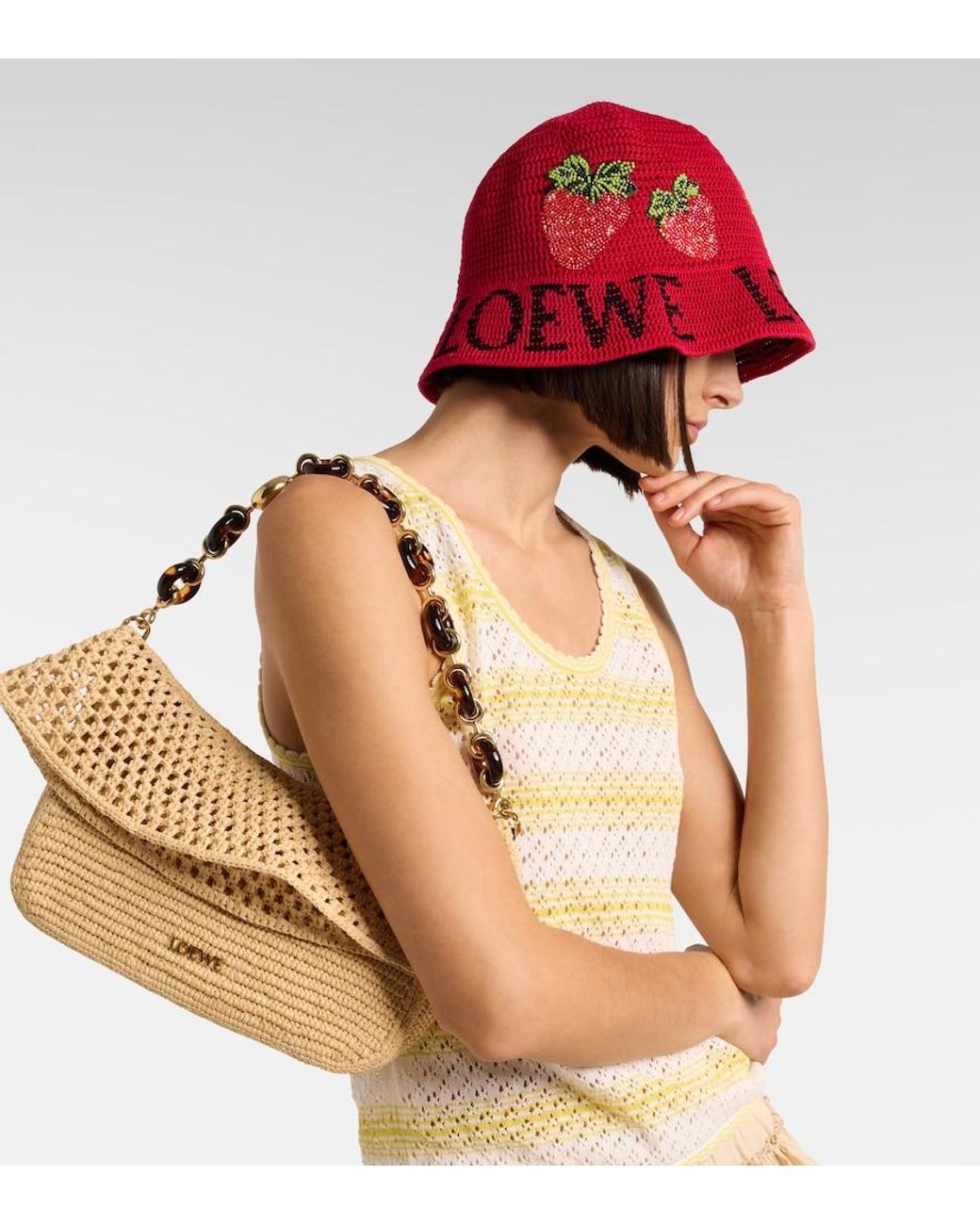 Loewe Red Paula's Ibiza Crochet Cotton Bucket Hat