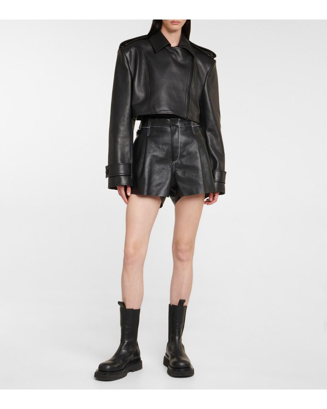 The Mannei Women's Black Mahis Cropped Leather Biker Jacket