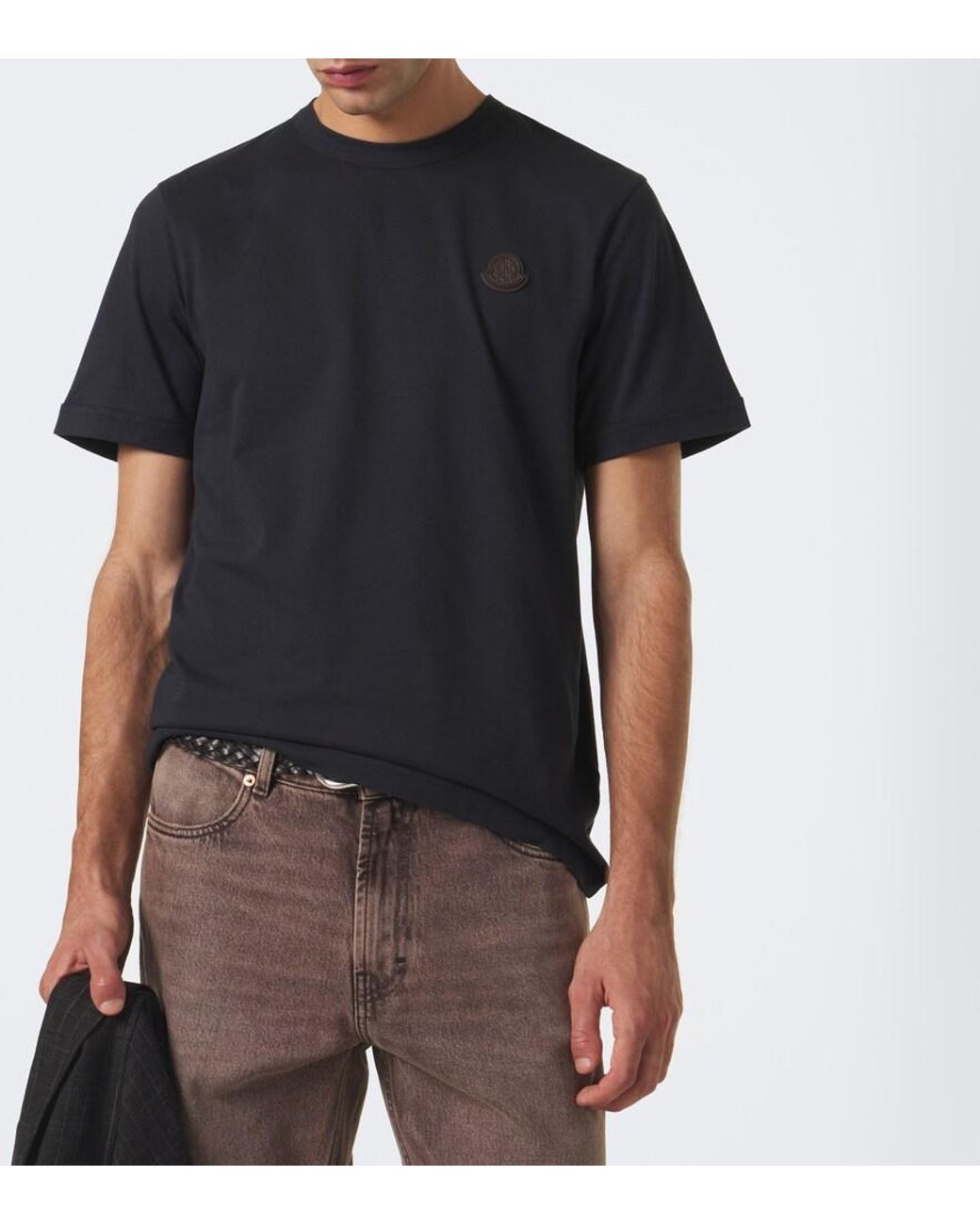 Moncler Black Leather-Trimmed Cotton Jersey T-Shirt for men