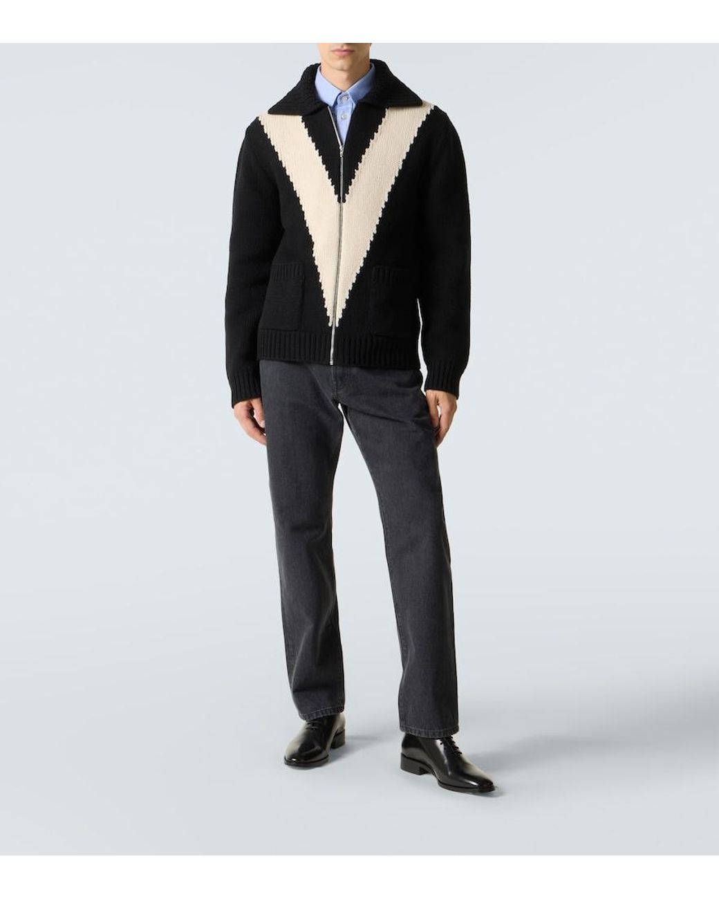Valentino Black Intarsia Virgin Wool Zip-Up Cardigan for men