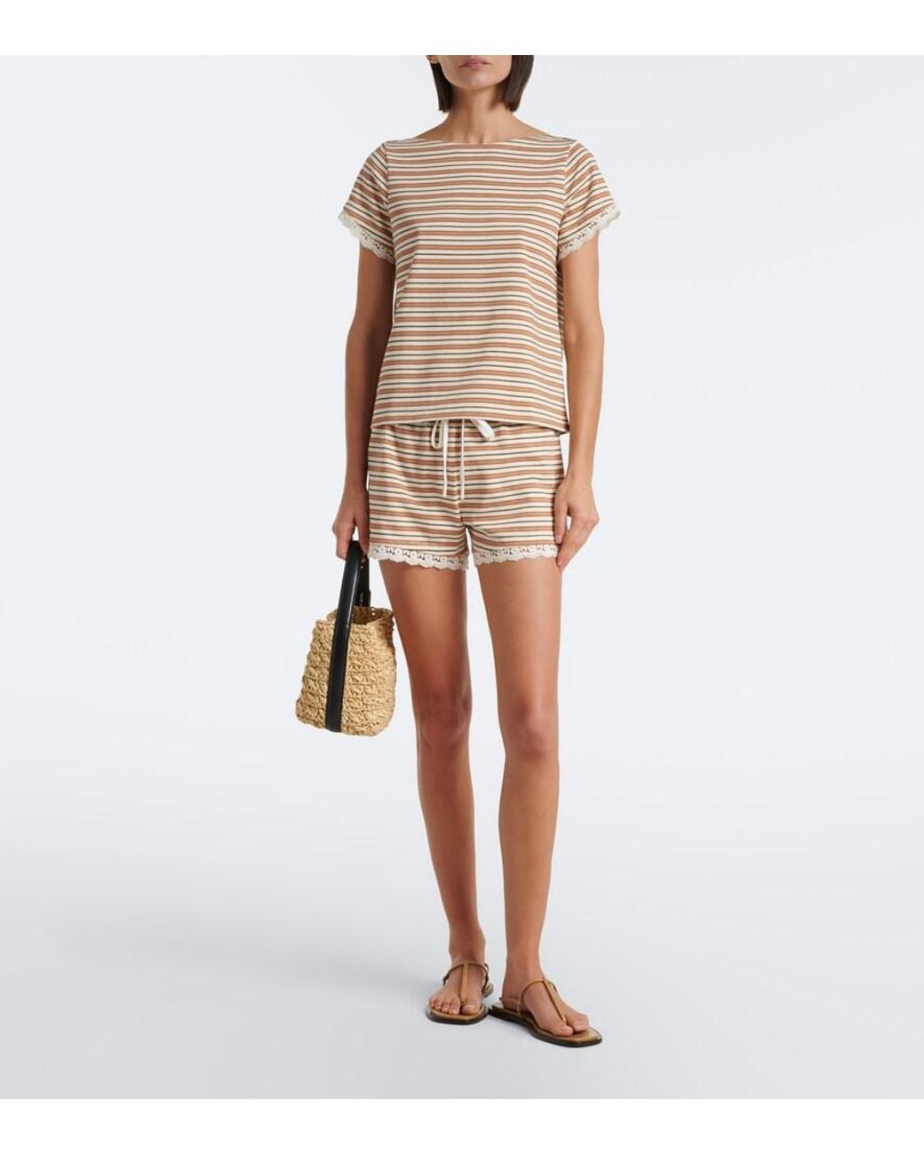 Posse White Maeve Lace-Trimmed Striped Cotton T-Shirt