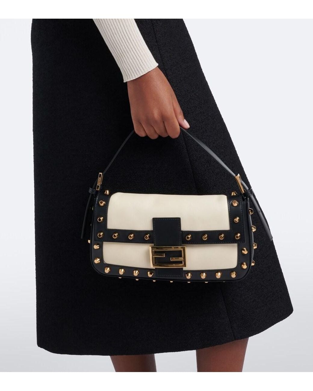 Fendi Metallic Baguette 26424 Studded Leather Shoulder Bag