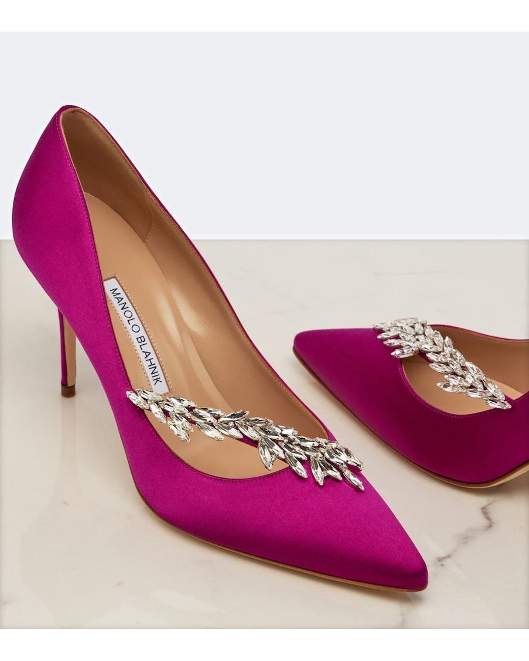 Manolo Blahnik Pink Nadira Embellished Satin Pumps
