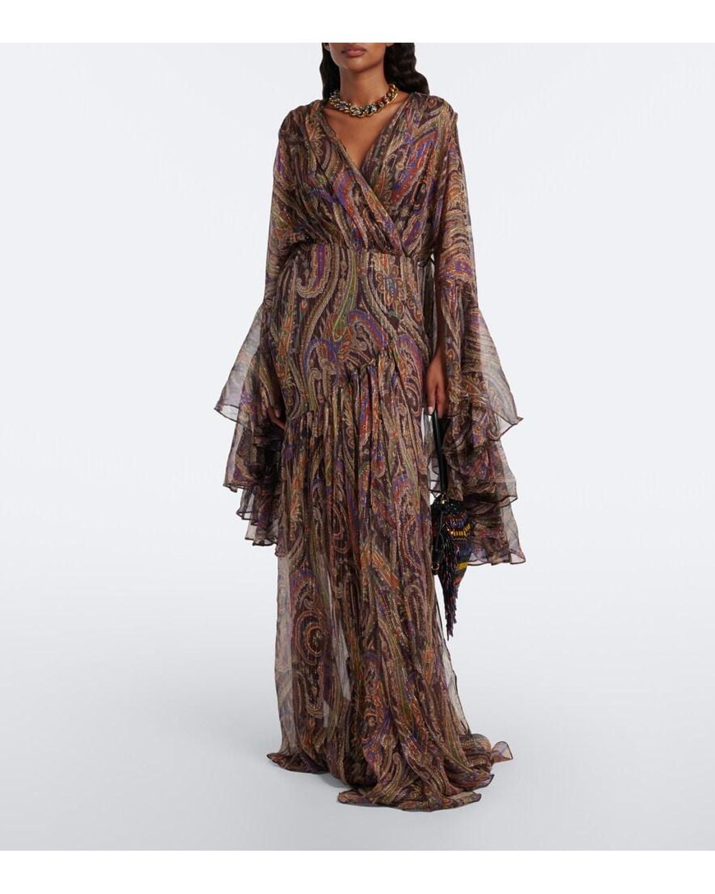 Etro Brown Paisley Ruffled Silk-Blend Crepon Maxi Dress