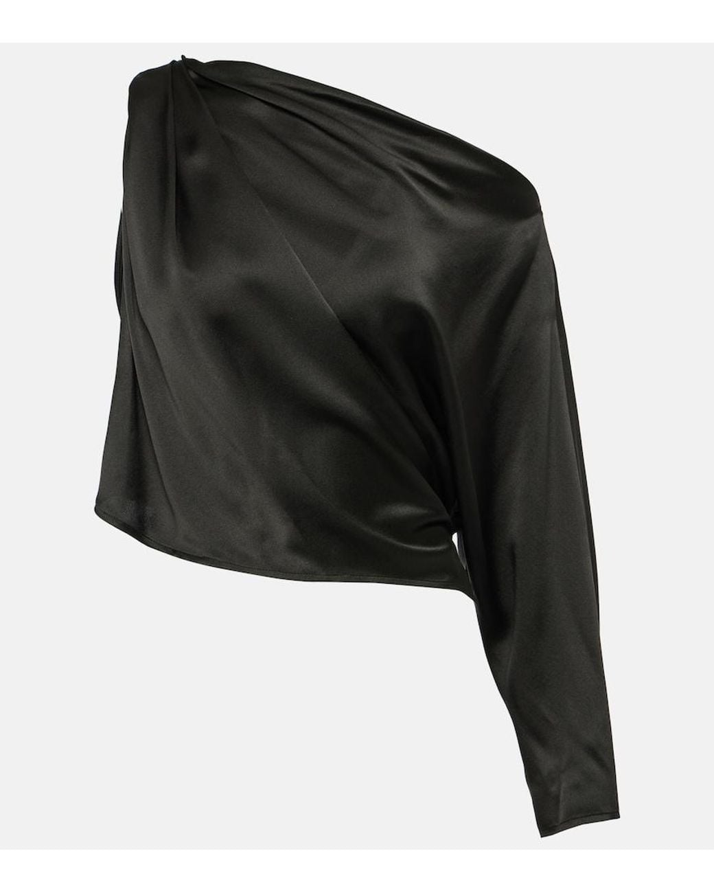 The Sei Black Draped One-Shoulder Silk Satin Top