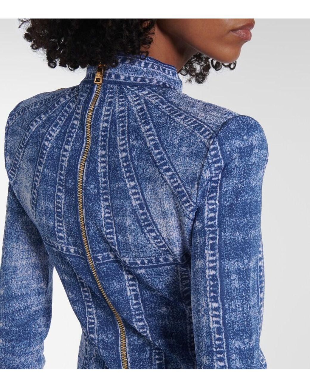 Balmain Blue Jacquard Denim-Effect Mini Dress