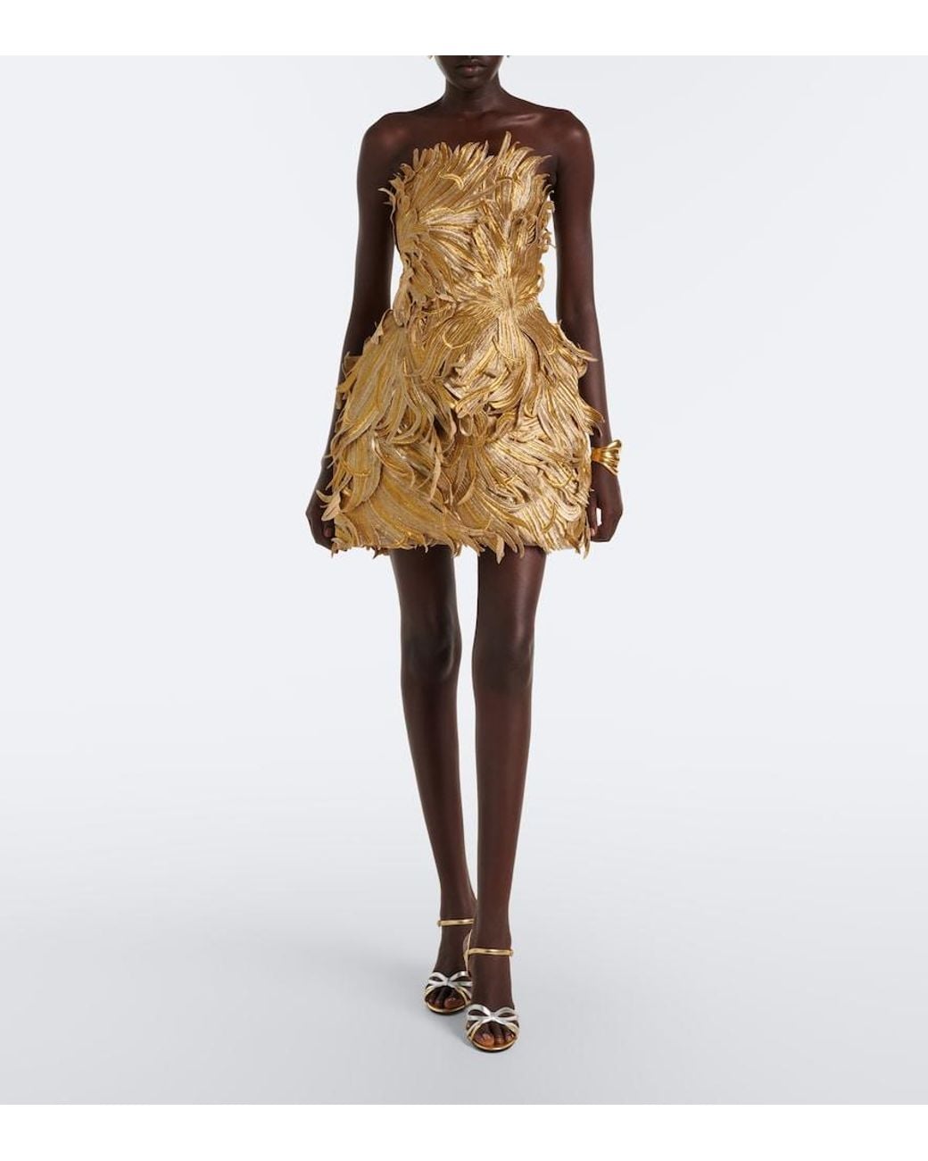 Oscar de la Renta Metallic Floral Applique Bustier Dress