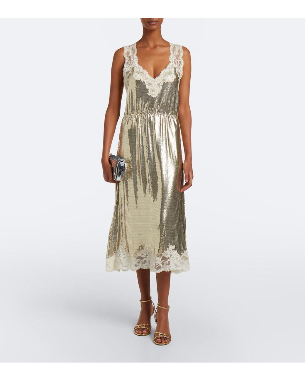Rabanne Gray Lace-Trimmed Chainmail Midi Dress