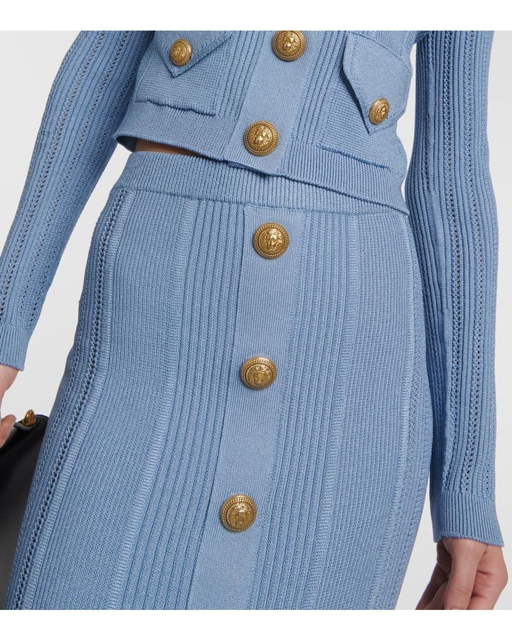 Balmain Blue Ribbed-Knit Midi Skirt