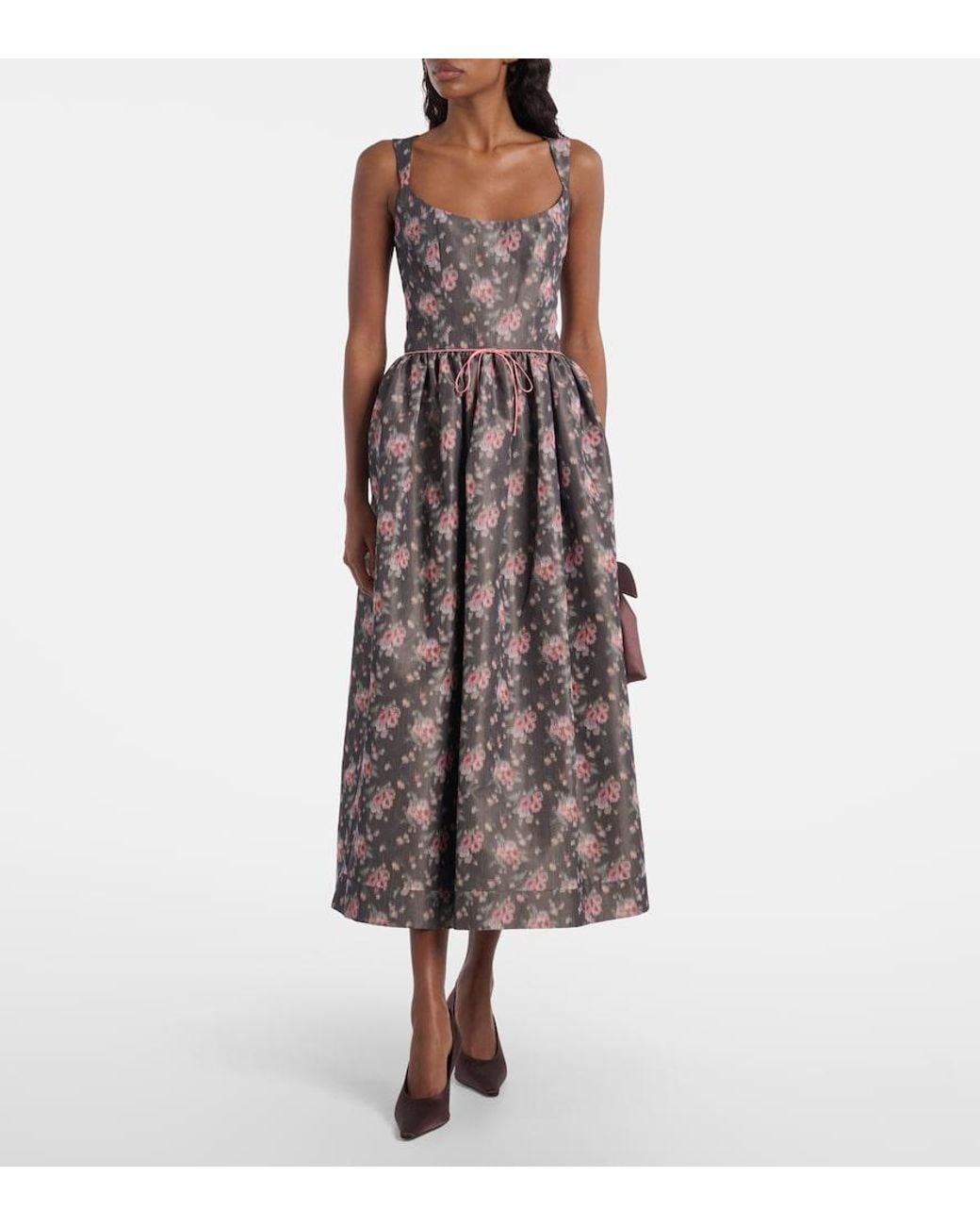 Markarian Gray Apple Floral Taffeta Corset Midi Dress