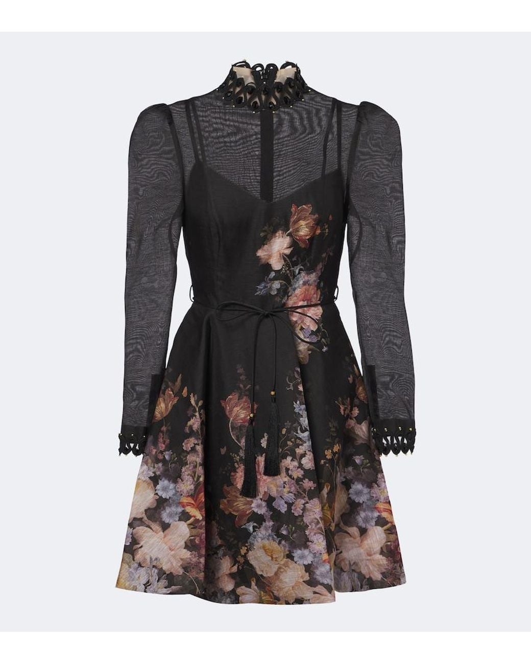 Zimmermann Black Valiant Floral Linen And Silk Minidress