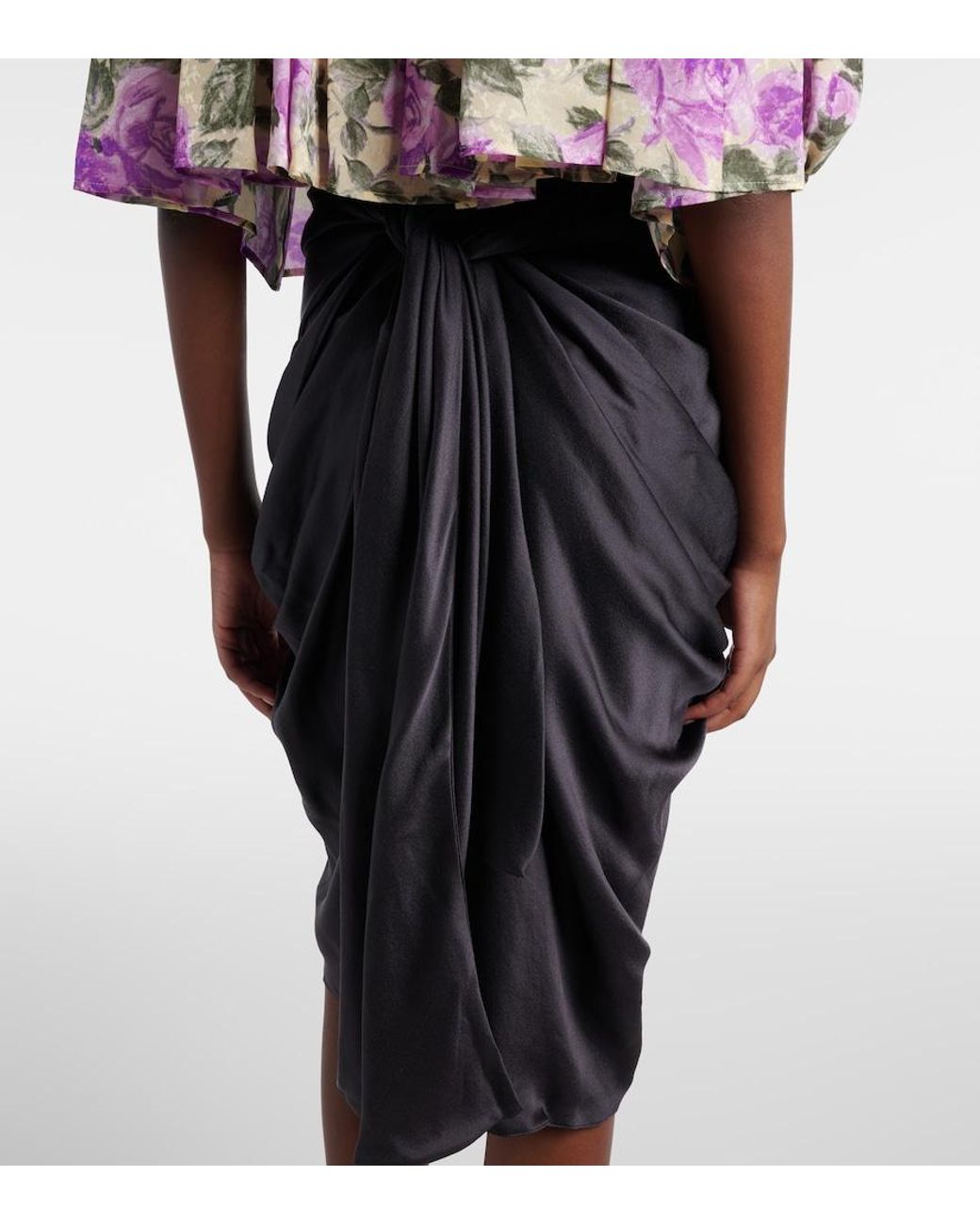 Chloé Black Gathered Silk Satin Midi Skirt