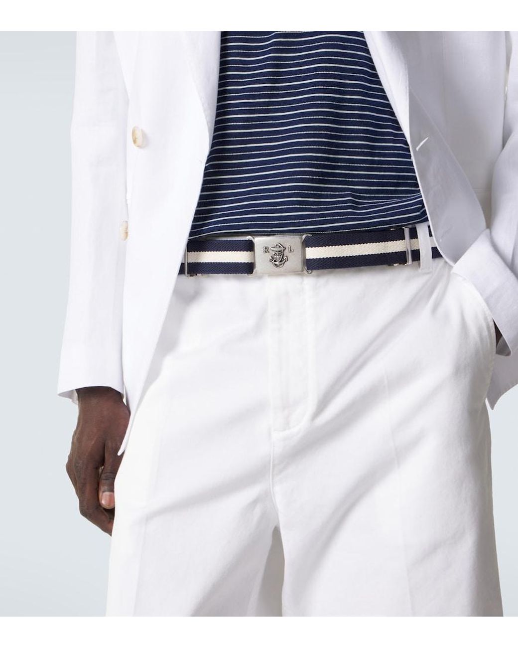 Ralph Lauren Blue Striped Leather-Trimmed Belt for men