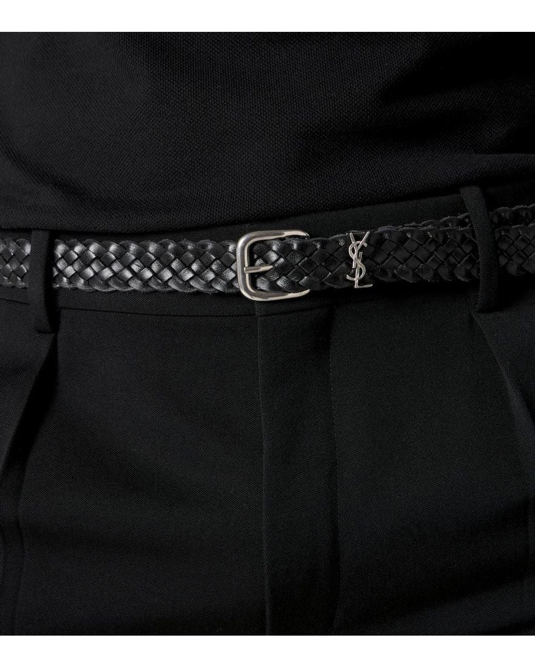 Saint Laurent Black Cassandre Woven Leather Belt for men