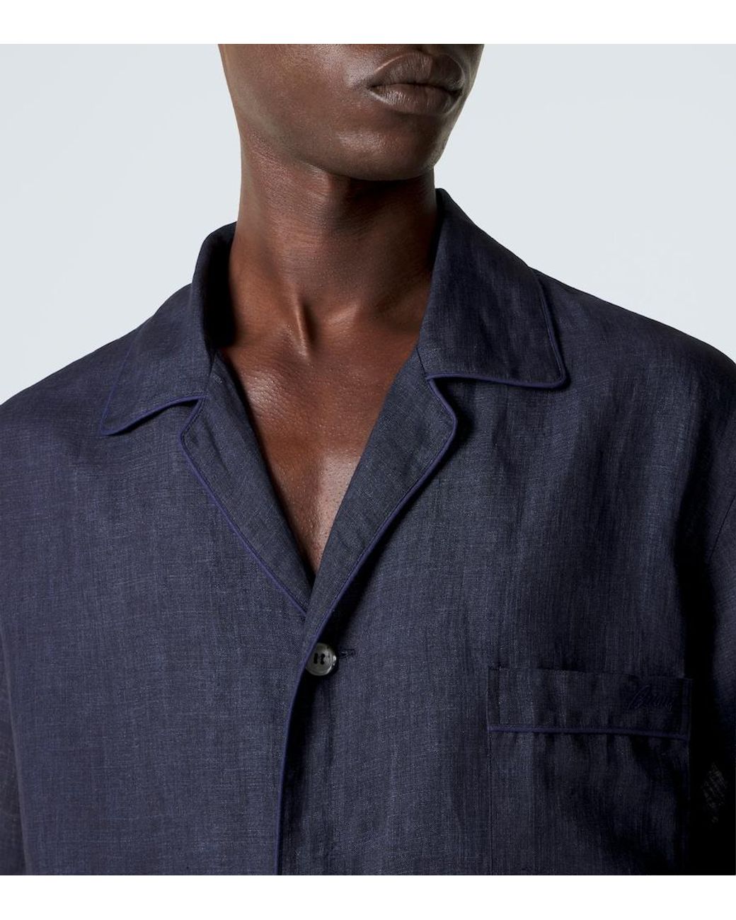 Brioni Blue Linen Bowling Shirt for men