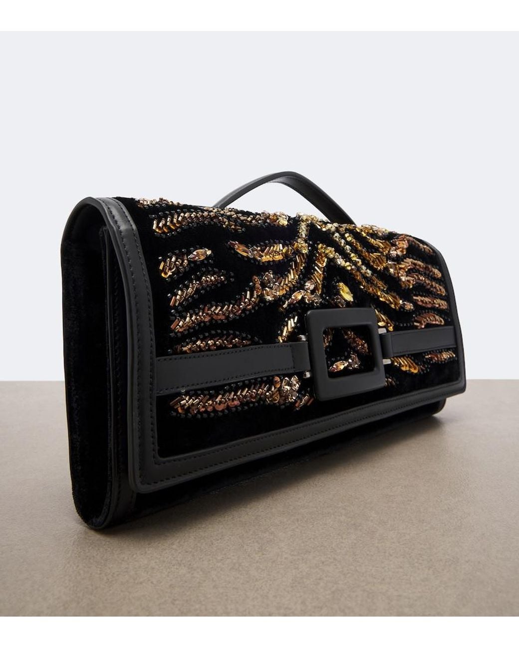 Roger Vivier Black Belle Vivier Embellished Velvet Clutch