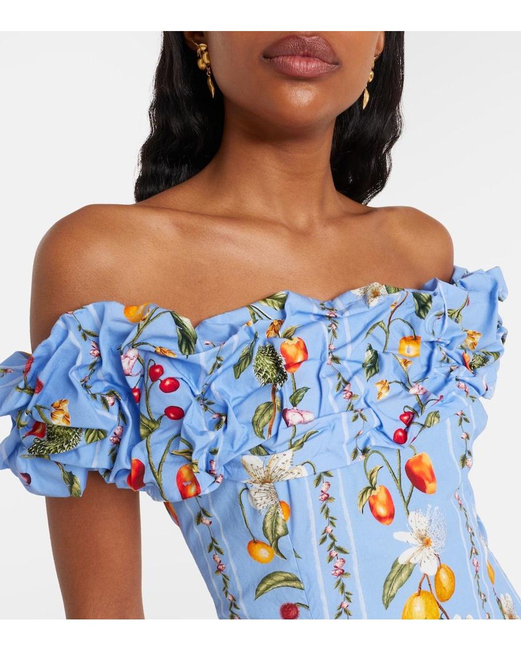 Agua Bendita Blue Jardin Printed Off-Shoulder Cotton Minidress