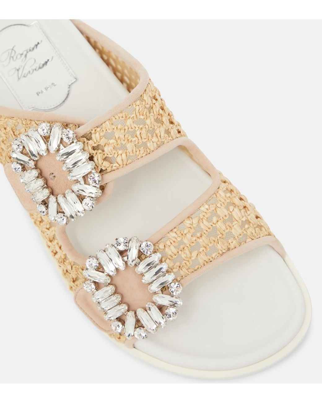 Roger Vivier Natural Flat With Raffia And Crystal Buckles For