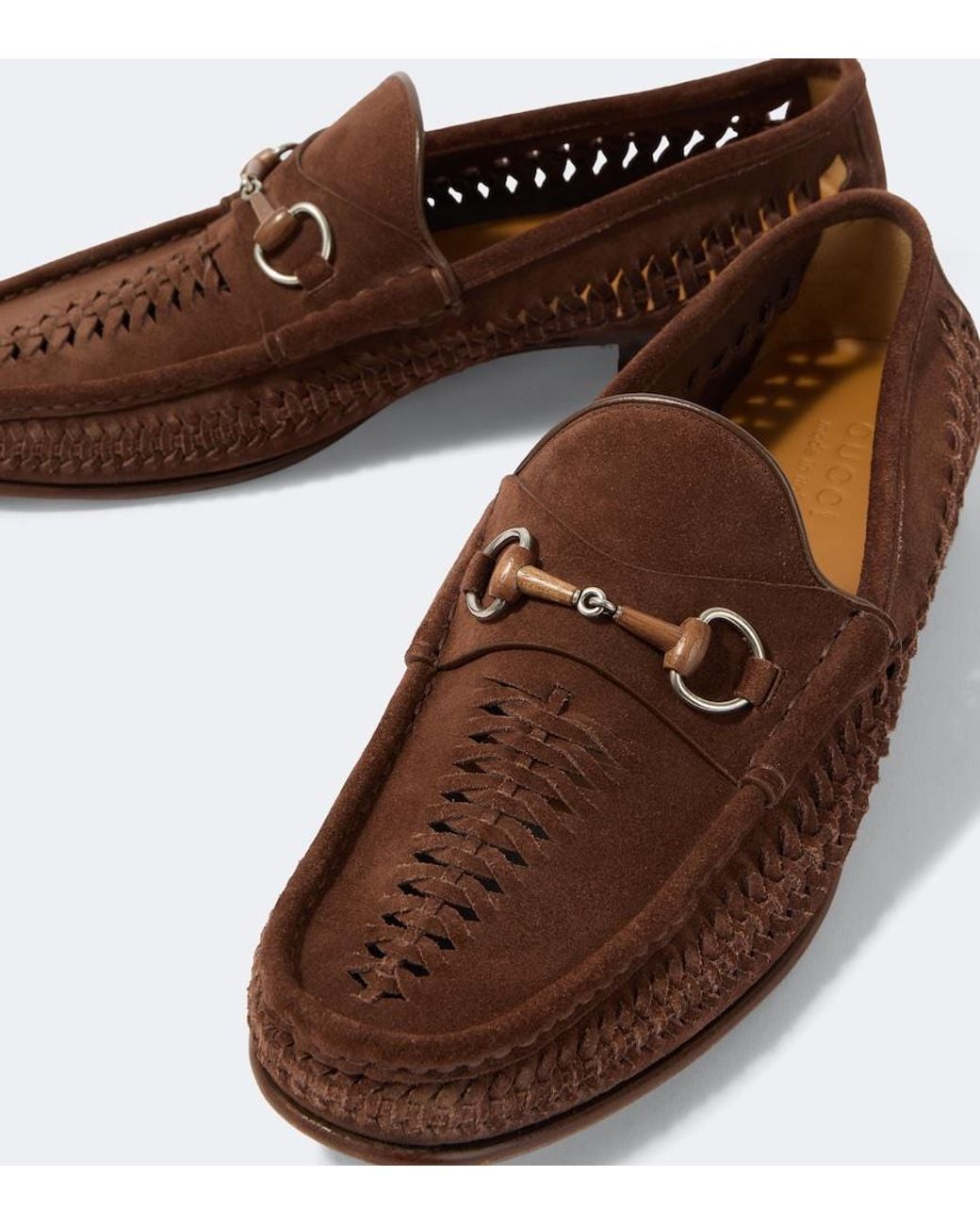Gucci Brown Bamboo Horsebit Woven Suede Loafers for men