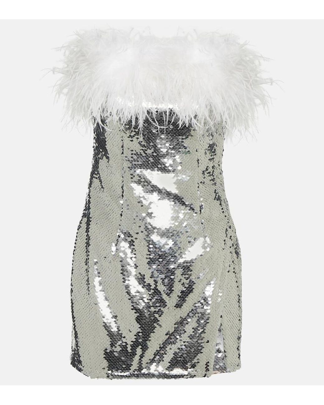Self-Portrait Gray Feather-Trimmed Sequined Minidress