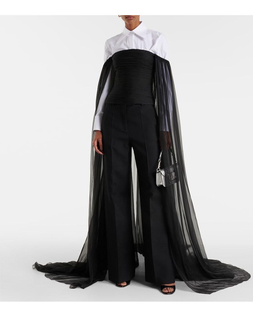 Valentino Garavani Black Caped Off-Shoulder Silk Chiffon Top