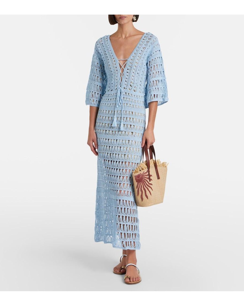 Anna Kosturova Blue Crochet Cotton Maxi Dress