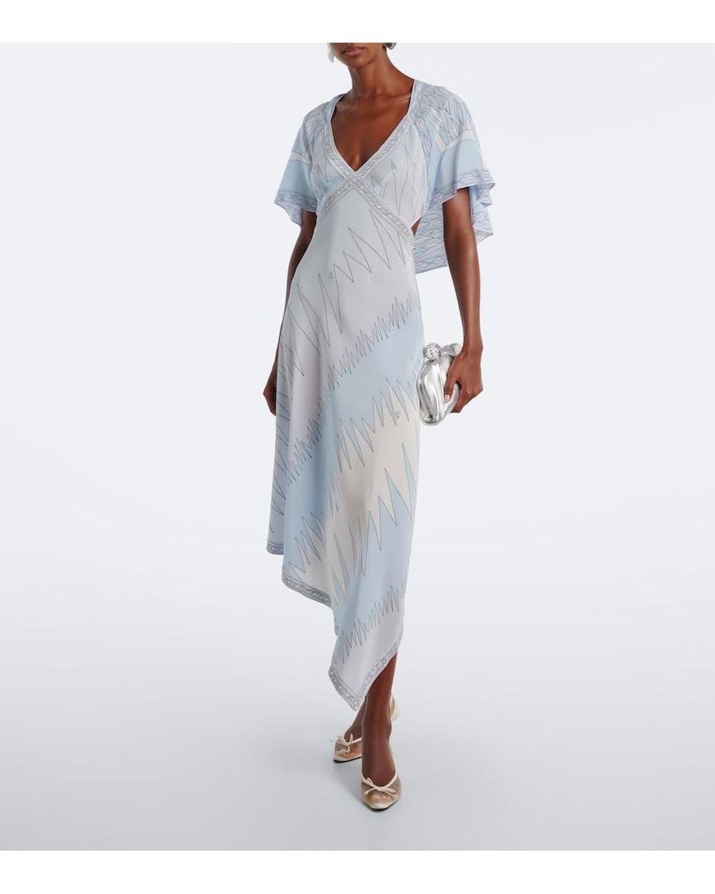 Emilio Pucci Blue Labirinto Asymmetric Silk Crepe De Chine Midi Dress